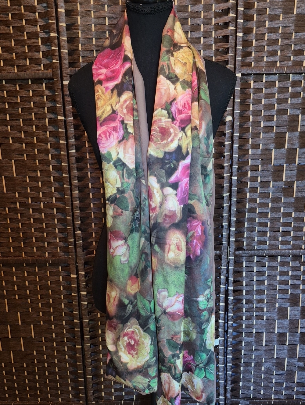 Silk Floral Rose Print Lightweight  Women's Scarf - Pink, Green, Black